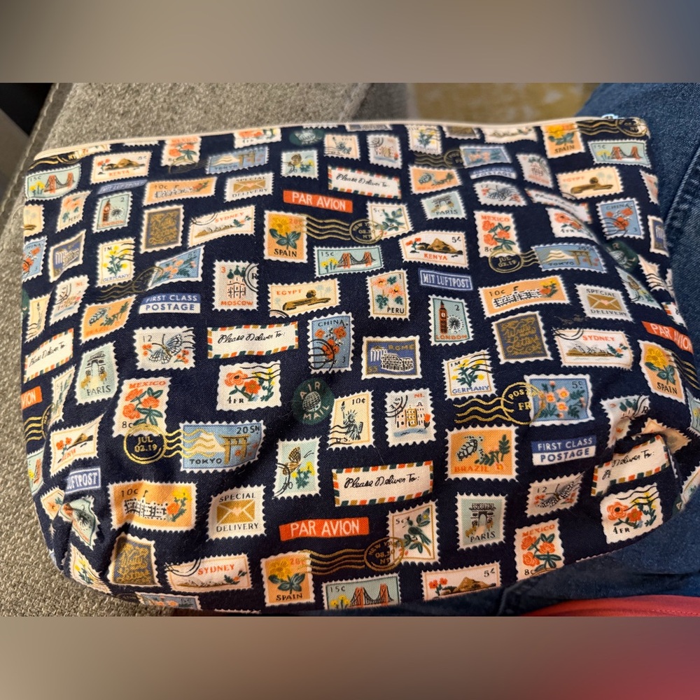 Dana Herbert large make up bag with travel stamps Handmade in Oregon NWOT